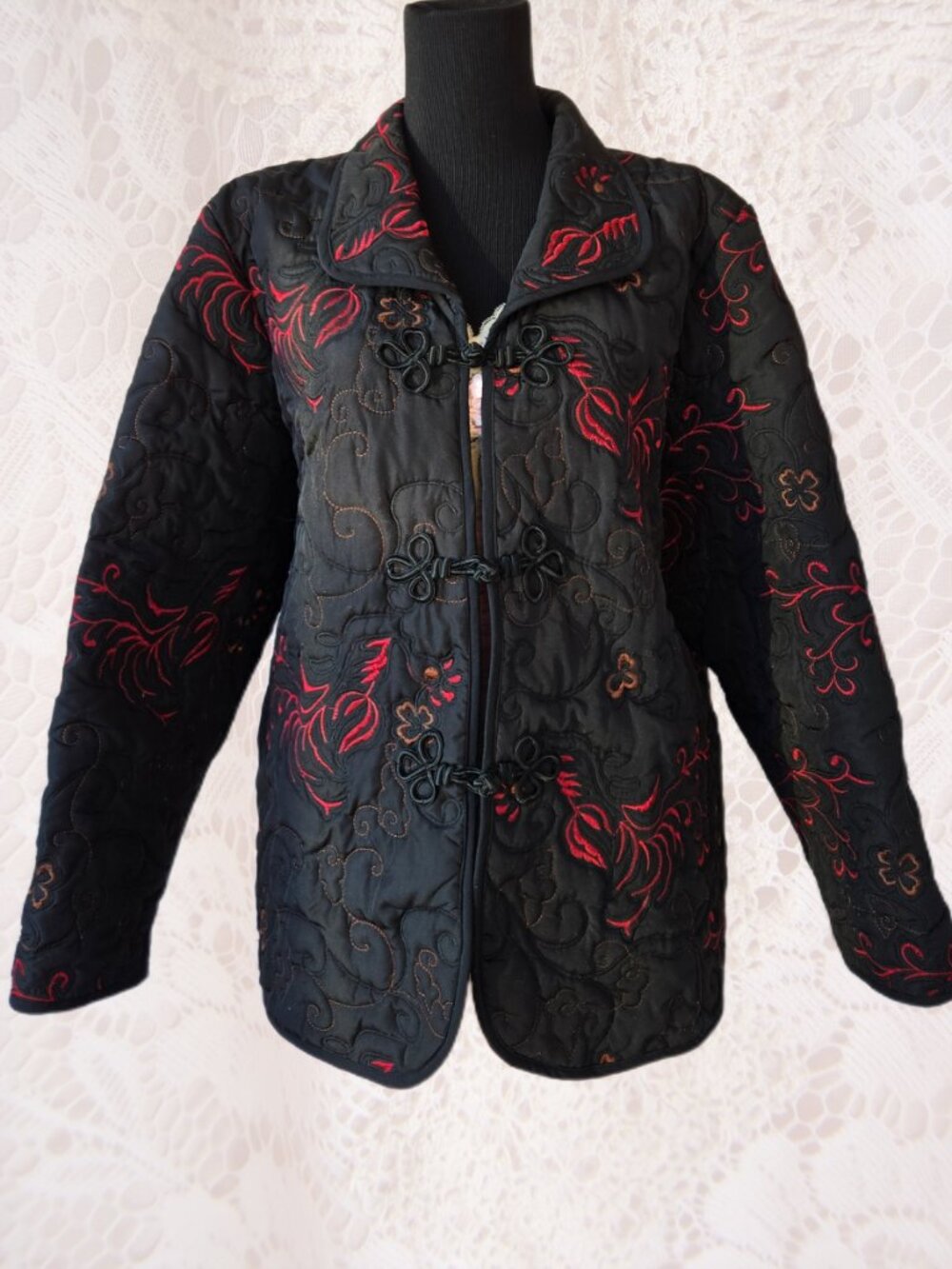 Du Jour Black Quilted Evening Jacket Lagenlook Artsy Embroidered Boho